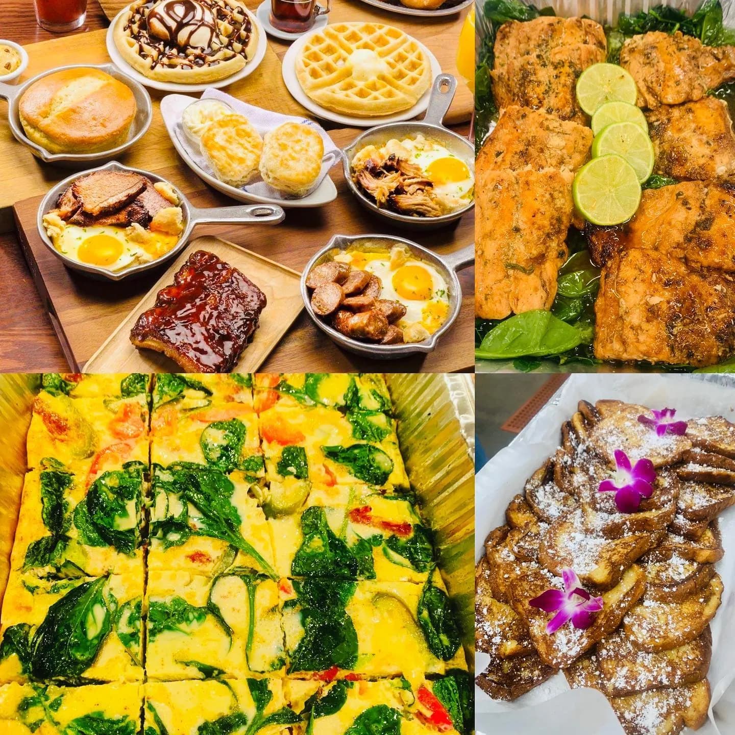 Brunch catering spread with waffles, frittata, French toast and salmon by KMR Gourmet