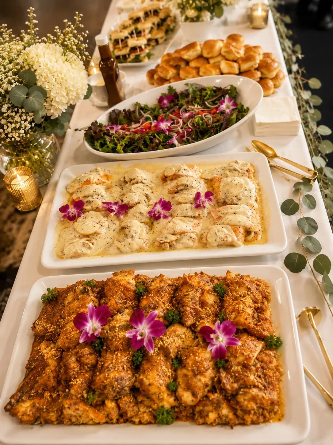 KMR Gourmet chicken and salmon catering display