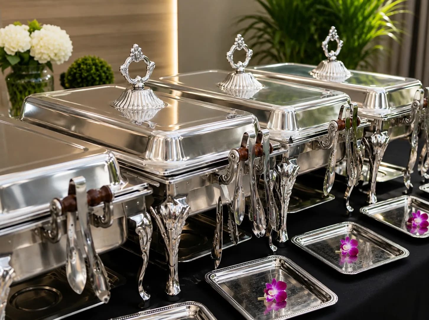 Hot lunch buffet in chafing dishes catered by KMR Gourmet